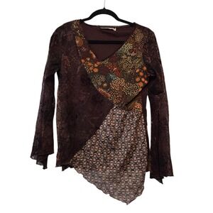 Vintage 90s Canvasback Patchwork Top Women's 10 Velvet‎ Burnout Mesh Asymmetric